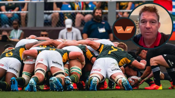 Springboks and All Blacks scrummaging during Greatest Rivalry series and South Africa legend John Smit (inset).