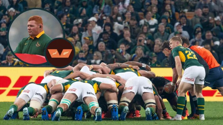 A scrum between the Springboks and All Blacks and an inset of ex-prop Steve Kitshoff.