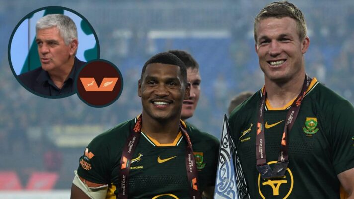 Springboks Damian Willemse and Pieter-Steph du Toit with an inset of Nick Mallett.
