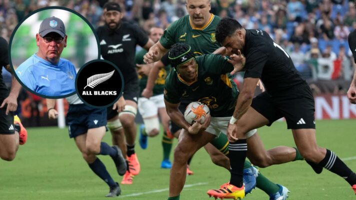 All Blacks fly-half Richie Mo'unga attempts to tackle Springboks winger Kurt-Lee Arendse with an inset of Jake White.