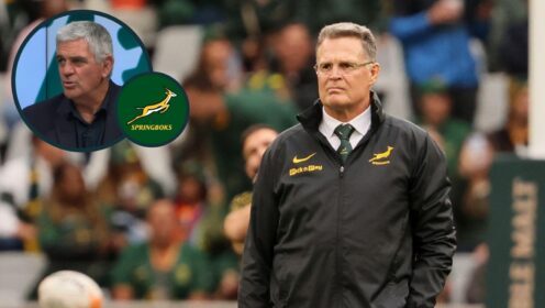 Springboks head coach Rassie Erasmus and an inset of ex-boss Nick Mallett.