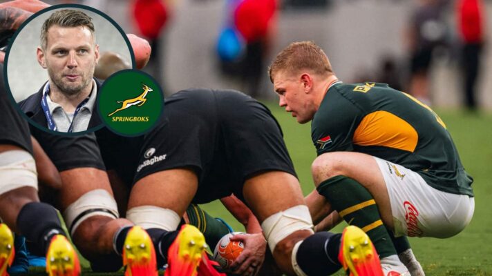 Morne van den Berg feeding into Springboks scrum, and former Wales and Lions fly-half Dan Biggar (inset).