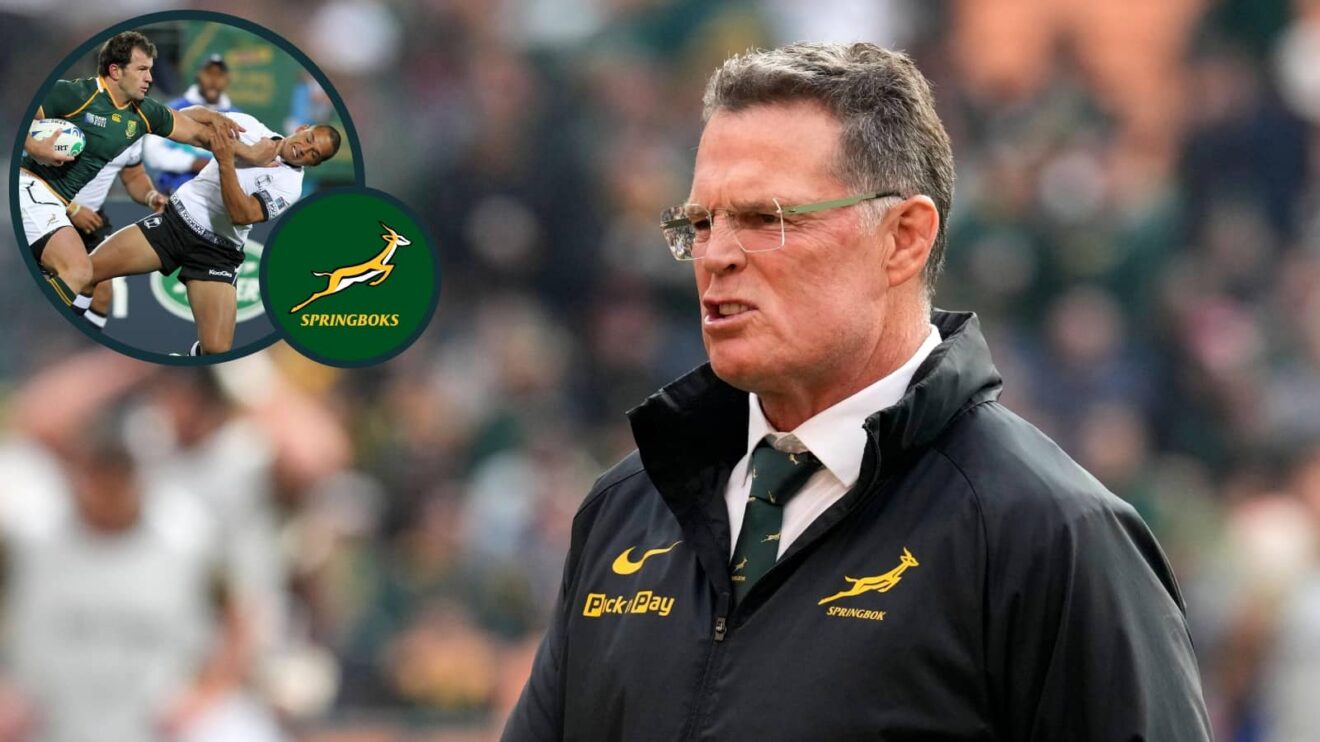 Springboks head coach Rassie Erasmus and an inset of Bismarck du Plessis in action against Fiji.