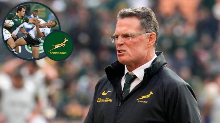 Springboks head coach Rassie Erasmus and an inset of Bismarck du Plessis in action against Fiji.