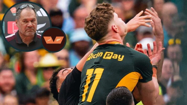 Springboks v All Blacks competing for high ball and New Zealand head coach Dave Rennie (inset).