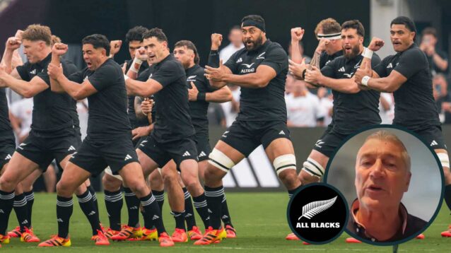 All Blacks performing the haka and New Zealand great Murray Mexted (inset).