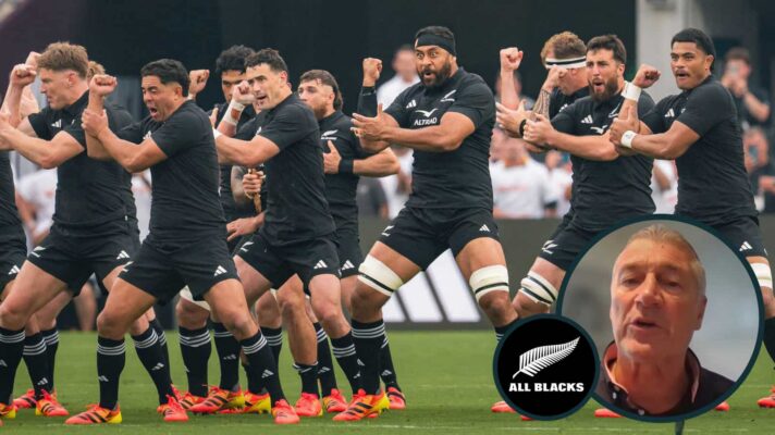 All Blacks performing the haka and New Zealand great Murray Mexted (inset).