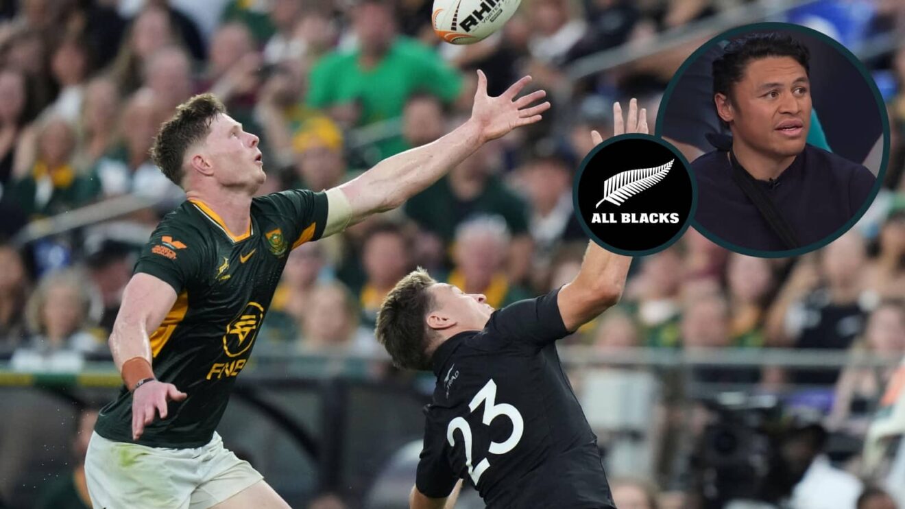 Ethan Hooker and Beauden Barrett compete for the ball and an inset of All Blacks winger Caleb Clarke.