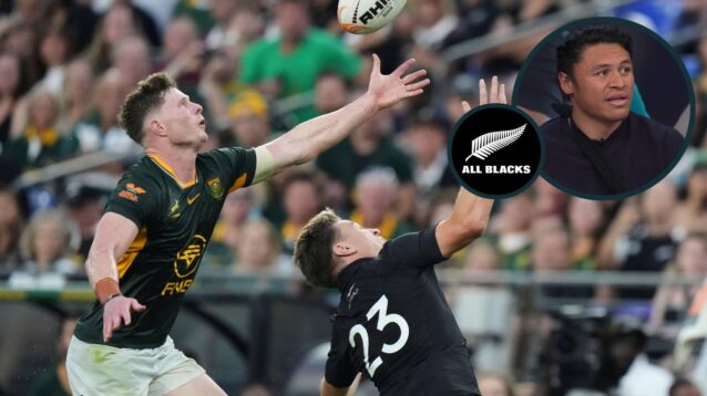 Ethan Hooker and Beauden Barrett compete for the ball and an inset of All Blacks winger Caleb Clarke.