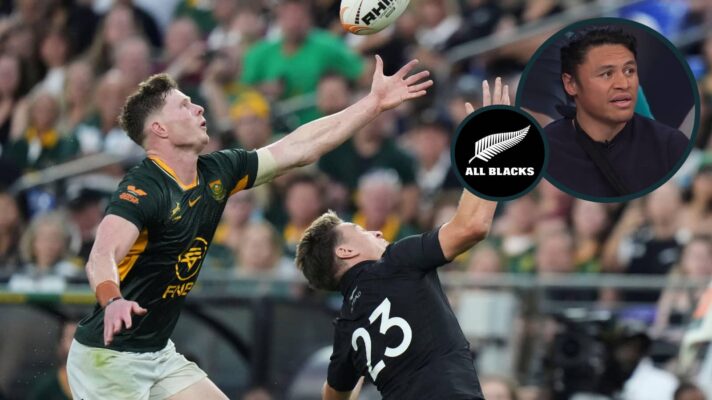 Ethan Hooker and Beauden Barrett compete for the ball and an inset of All Blacks winger Caleb Clarke.