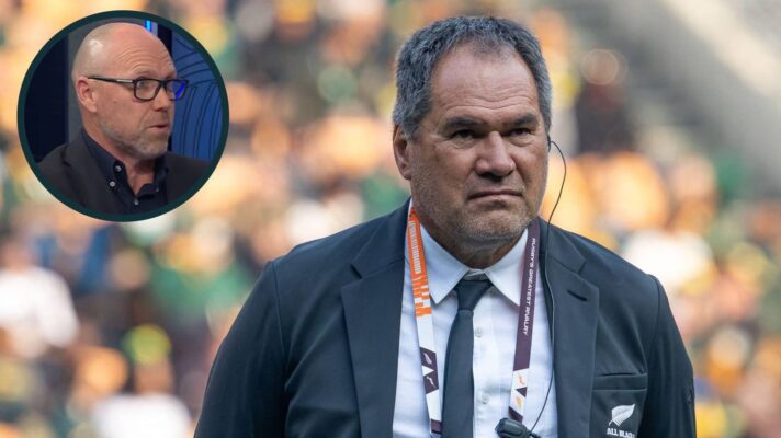 All Blacks head coach Dave Rennie and an inset of ex-winger Jeff Wilson.