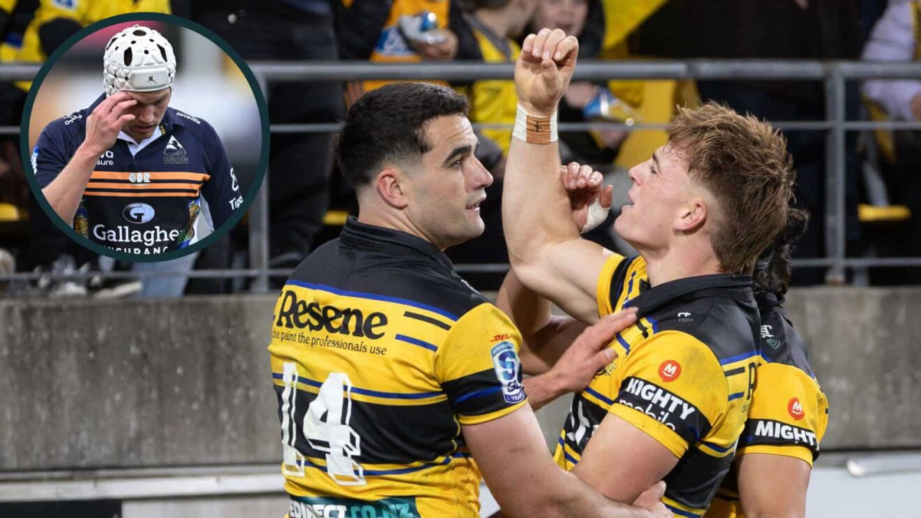 Hurricanes back Ruben Love celebrates a try and an inset of Brumbies forward Charlie Cale.