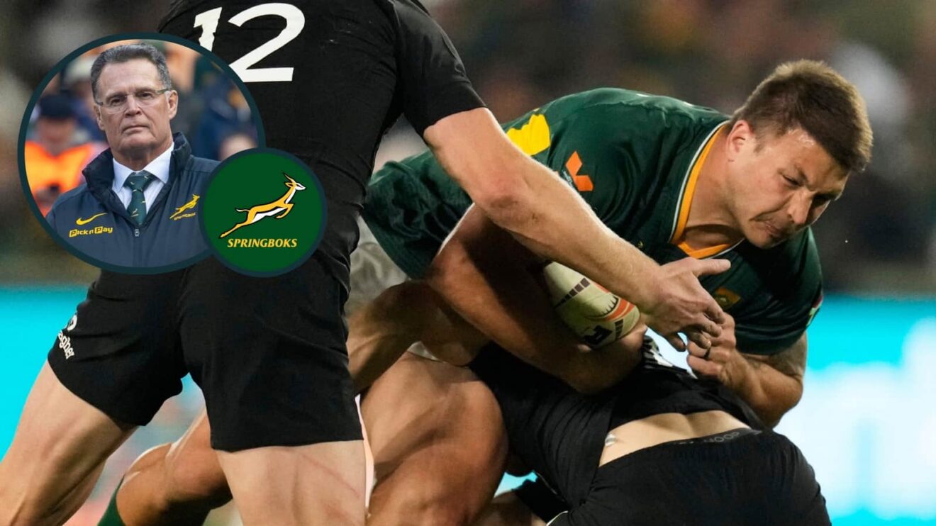 Springboks captain Andre Esterhuizen and an inset of head coach Rassie Erasmus.