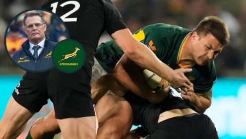 Springboks captain Andre Esterhuizen and an inset of head coach Rassie Erasmus.