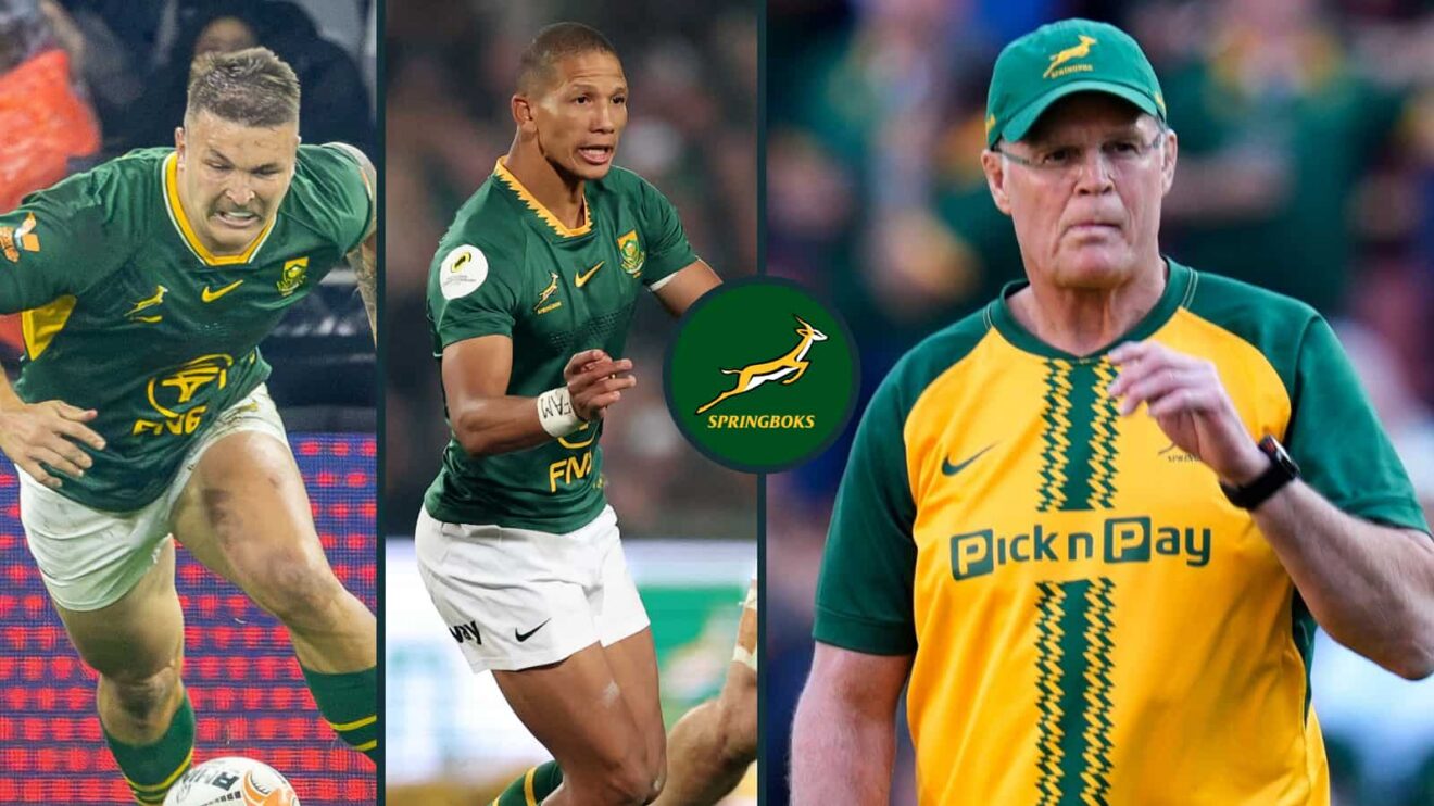 Andre Esterhuizen, Manie Libbok and Springboks head coach Rassie Erasmus.