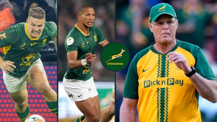 Andre Esterhuizen, Manie Libbok and Springboks head coach Rassie Erasmus.