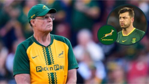 A two layered image of Rassie Erasmus and Handre Pollard