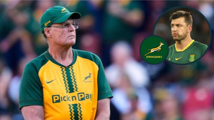 A two layered image of Rassie Erasmus and Handre Pollard
