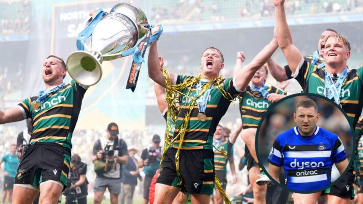 A two layered image of Northampton Saints players and Finn Russell