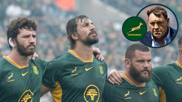 Springboks players stand during the national anthem before a Rugby's Greatest Rivalry Test match against New Zealand and an inset of Sir Steve Hansen.