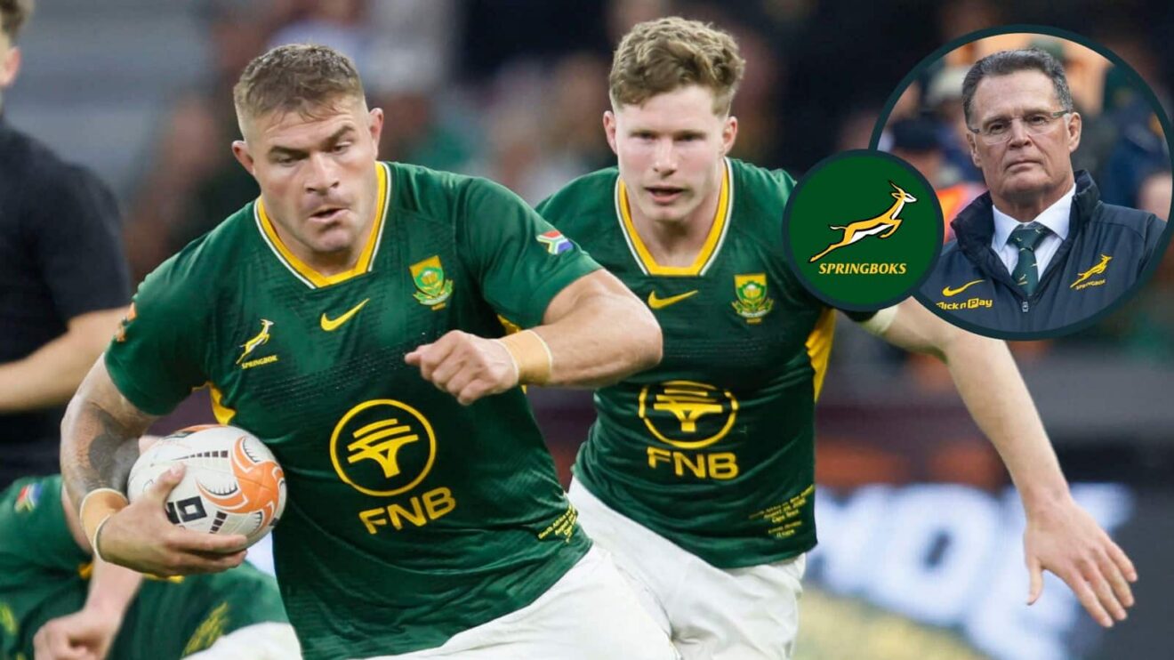 Springboks hooker Malcolm Marx and an inset of Rassie Erasmus.