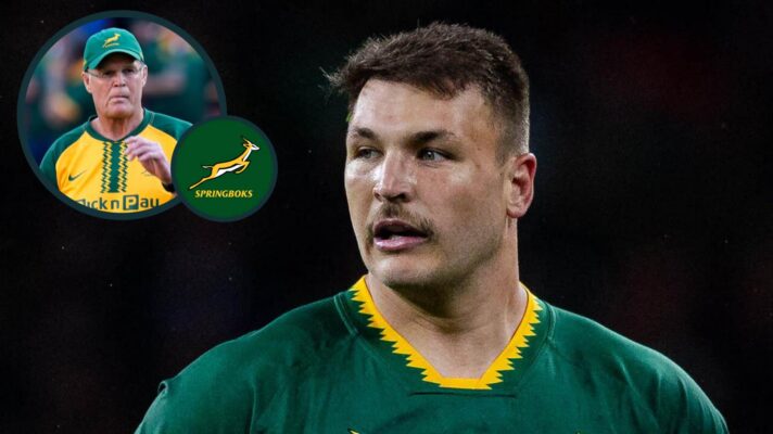 Springboks star Andre Esterhuizen and an inset of head coach Rassie Erasmus.