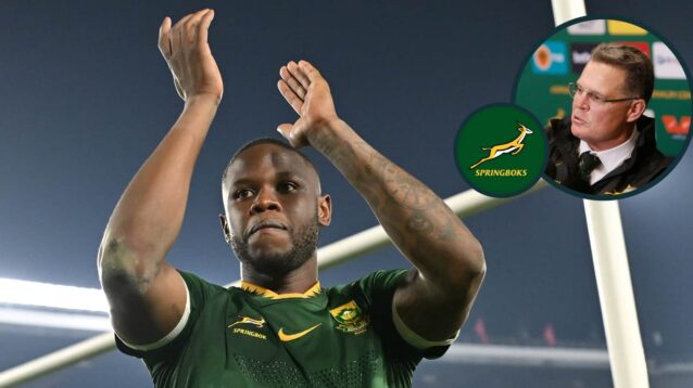 Springboks full-back Aphelele Fassi and an inset of head coach Rassie Erasmus.