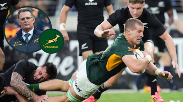 Cameron Hanekom in action against the All Blacks and an inset of Rassie Erasmus.