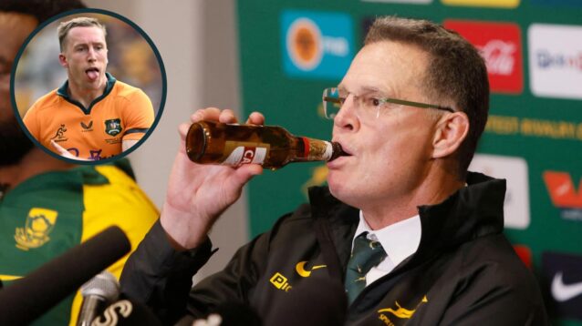 Springboks head coach Rassie Erasmus and an inset of Wallabies winger Harry Potter
