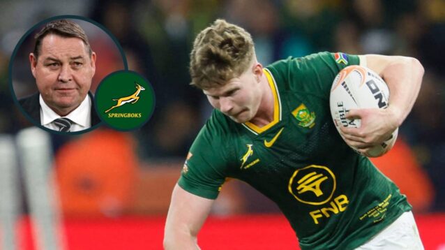 Springboks back Ethan Hooker and an inset of All Blacks head coach Sir Steve Hansen.