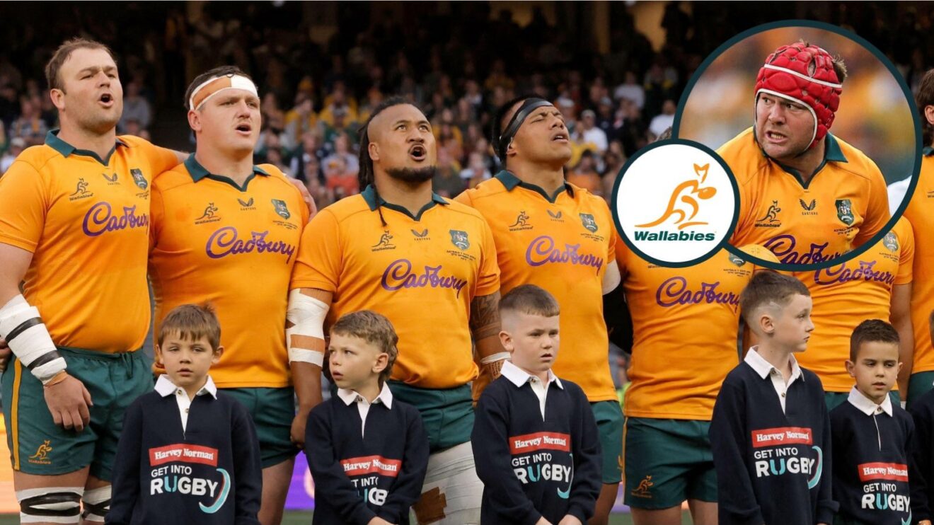 A two layered image of Harry Wilson and Wallabies players signing the national anthem