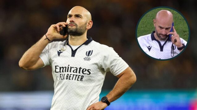 Referee Andrea Piardi on the phone to the TMO during the international rugby test match between the Wallabies and Springboks.
