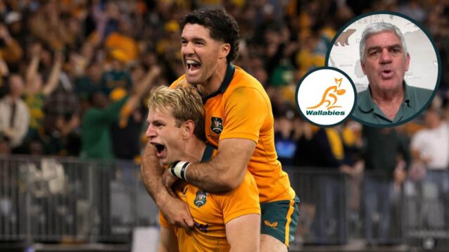 Max Jorgensen and Ben Donaldson celebrate a try and an inset of ex-Springboks coach Nick Mallett.