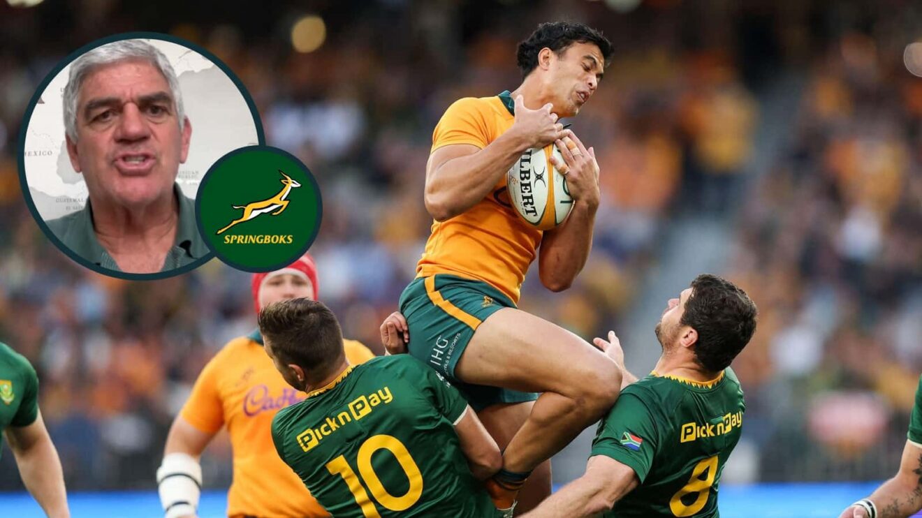 Joseph-Aukuso Suaalii and an inset of ex-Springboks head coach Rassie Erasmus.