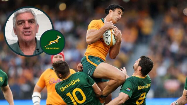 Joseph-Aukuso Suaalii and an inset of ex-Springboks head coach Rassie Erasmus.
