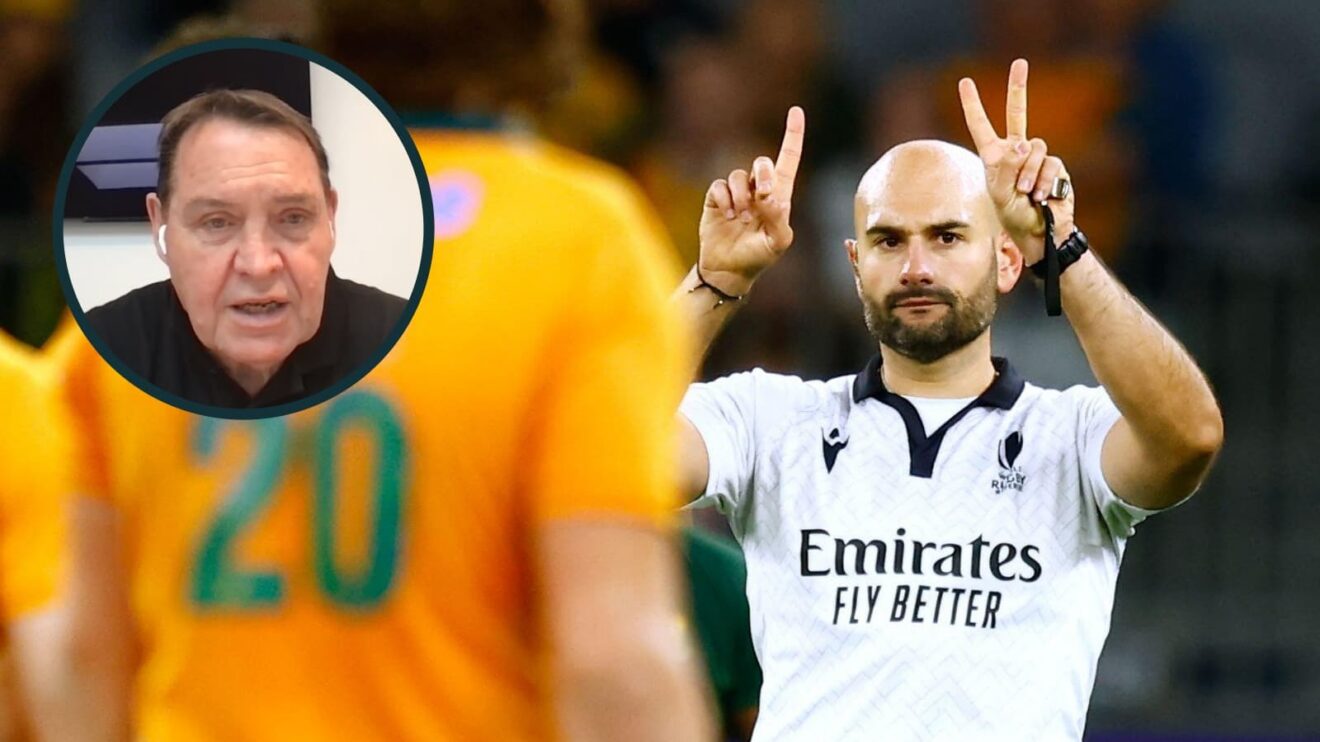 Referee Andrea Piardi and an inset of Sir Steve Hansen.