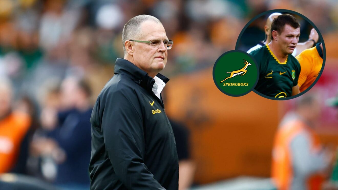 Springboks head coach Rassie Erasmus and an inset of Elrigh Louw.