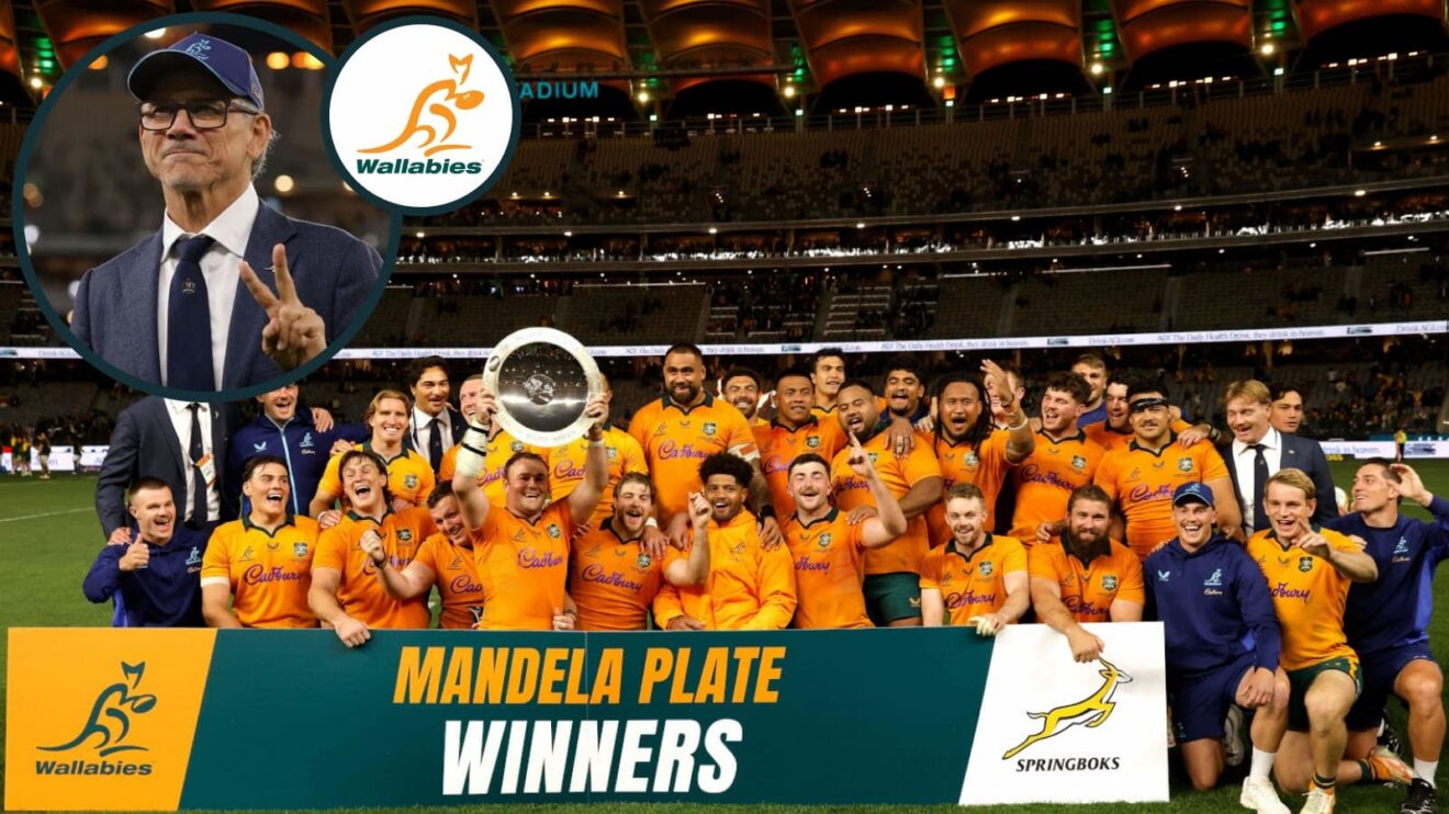 Wallabies celebrate Mandela Plate victory over Springboks in Perth.