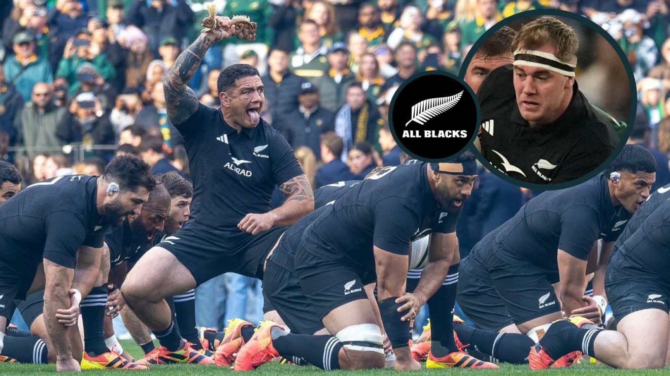 All Blacks captain Codie Taylor leads the haka against the Springboks and lock Sam Darry (inset).
