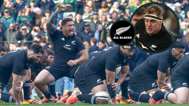 All Blacks captain Codie Taylor leads the haka against the Springboks and lock Sam Darry (inset).