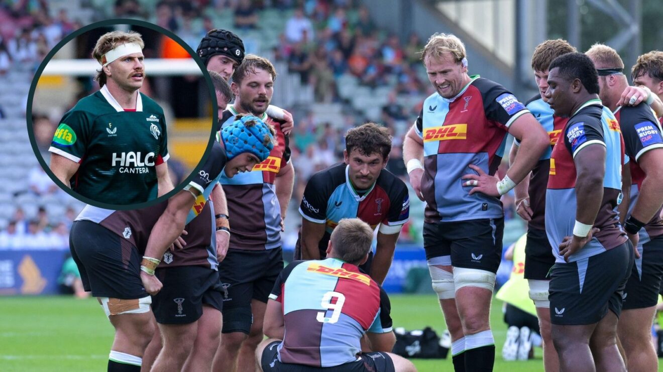 A two layered image of Aaron Wainwright and Harlequins players