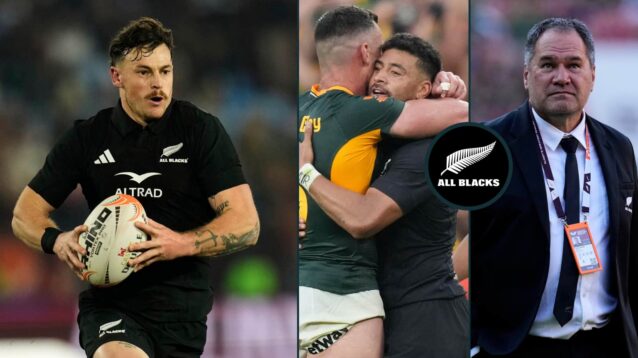 All Blacks Leroy Carter, Richie Mo'unga and head coach Dave Rennie.