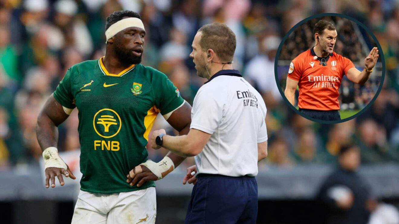 Siya Kolisi talks with referee Angus Gardner and an inset of Karl Dickson.