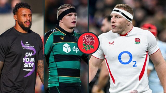 A three panel image of Sam Underhill, Henry Pollock and Courtney Lawes