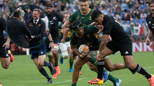 Kurt-Lee Arendse fends off Richie Mo'unga and an inset of All Blacks boss Dave Rennie shaking hands with Springboks head coach Rassie Erasmus