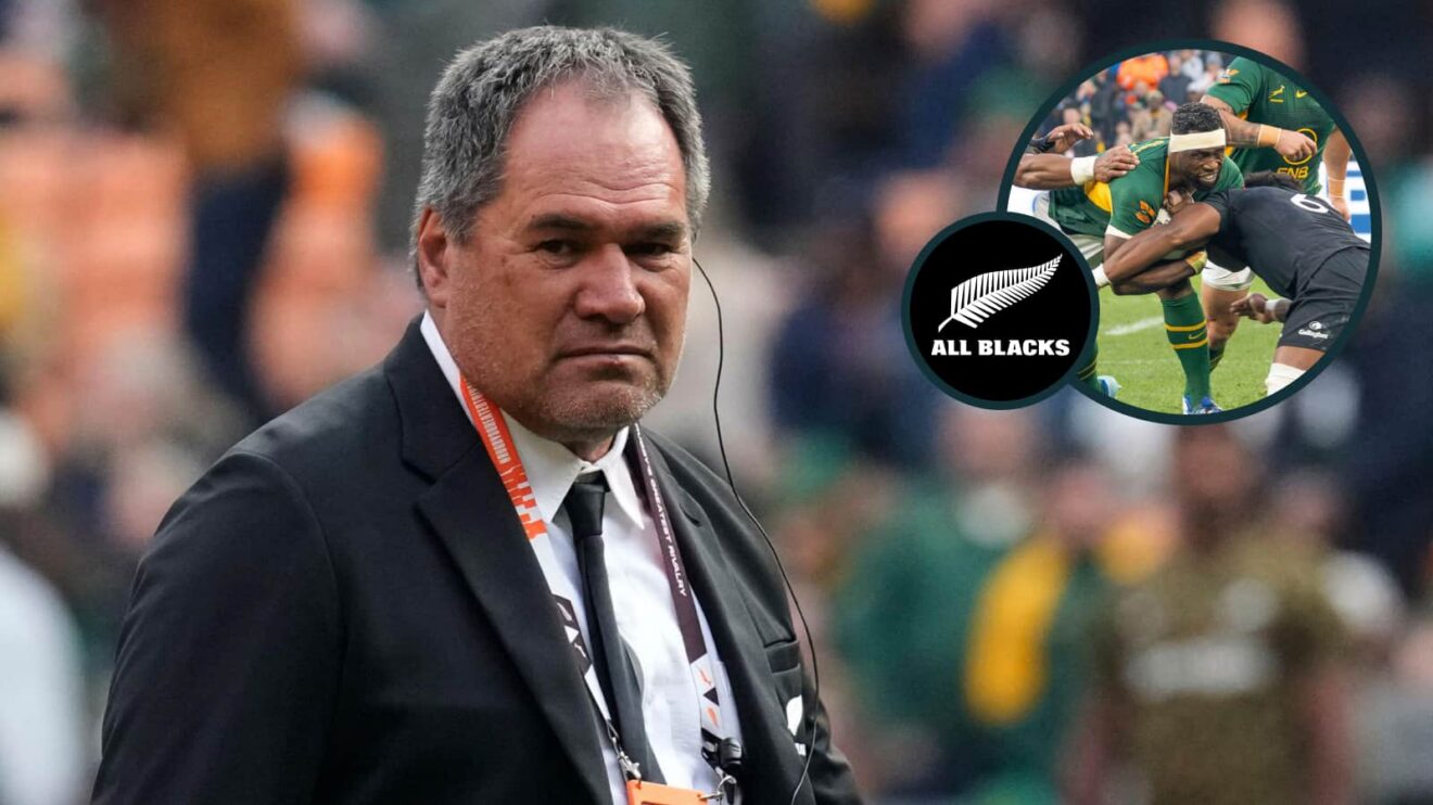 All Blacks head coach Dave Rennie and an inset of Springboks captain Siya Kolisi.