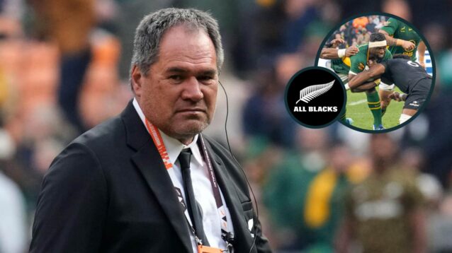 All Blacks head coach Dave Rennie and an inset of Springboks captain Siya Kolisi.