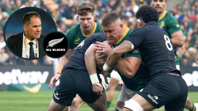 Springboks forward Jasper Wiese is tackled by two All Blacks players and an inset of head coach Dave Rennie.