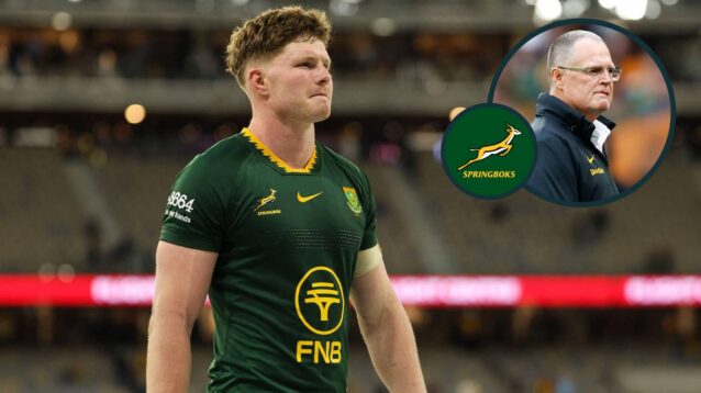 Springboks back Ethan Hooker and an inset of head coach Rassie Erasmus