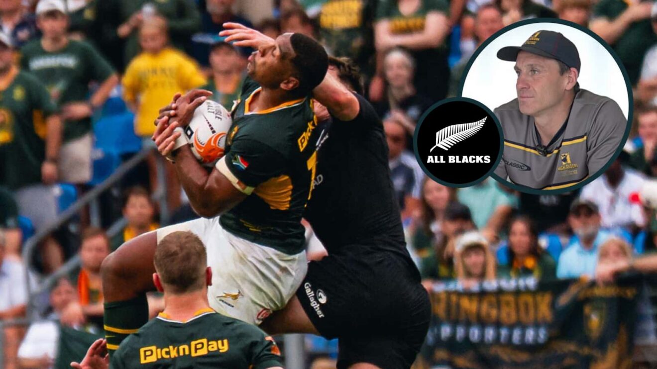 An aerial contest between the Springboks and All Blacks with an inset of Ben Smith.